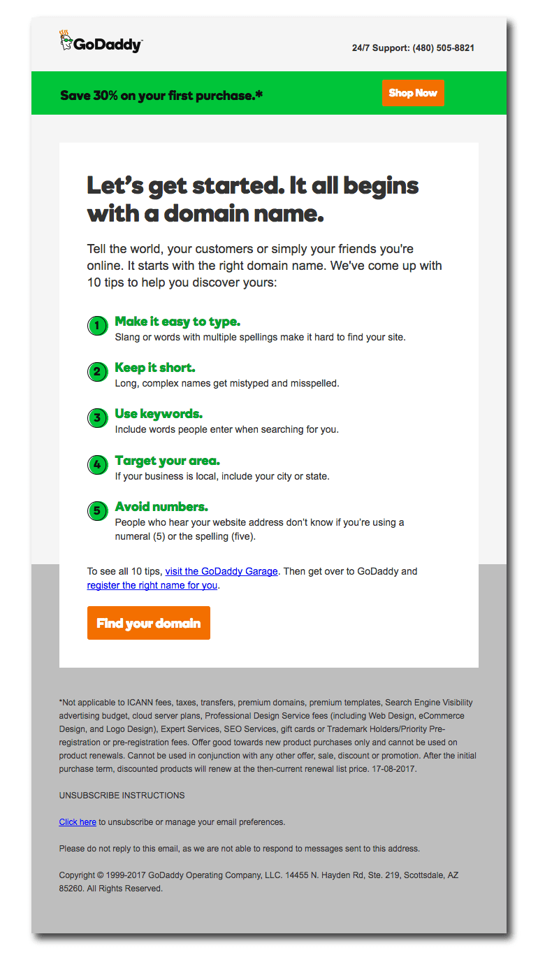 Example of a welcome email from Go Daddy