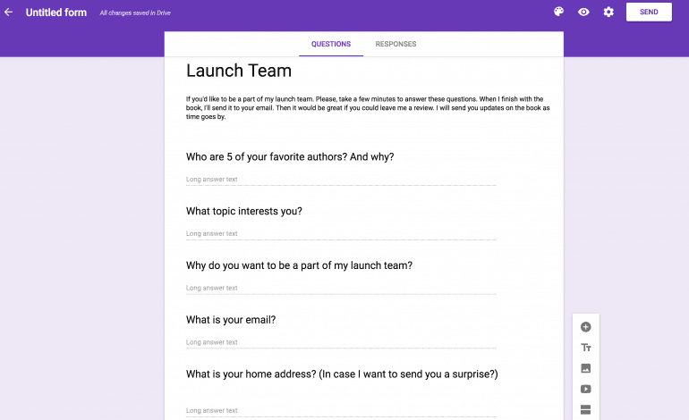 Example of a survey in Google Forms