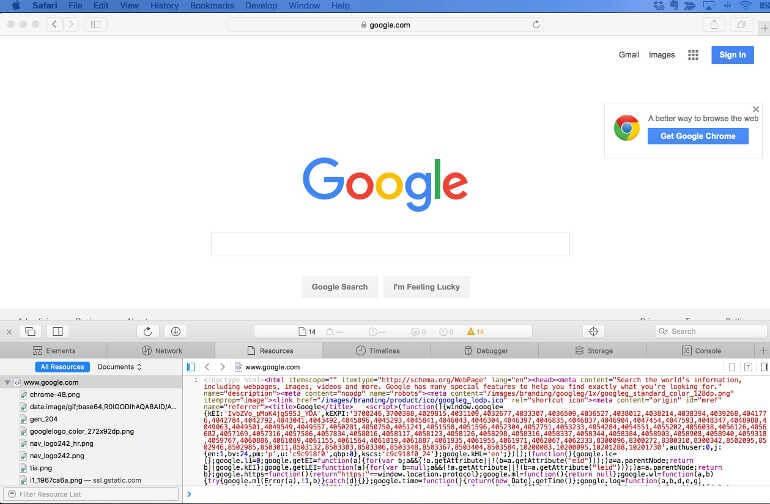 Google home page with source code in Safari