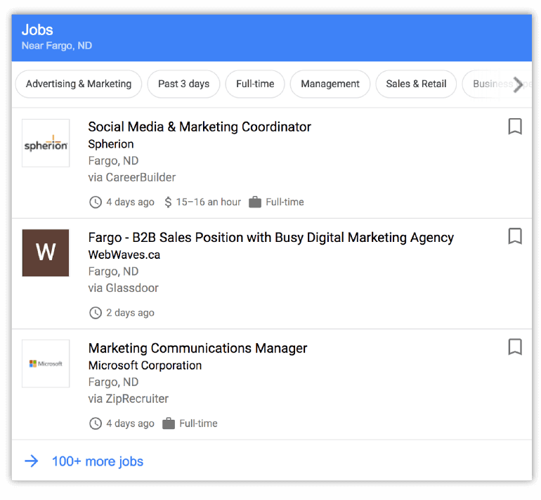 Example of a job listing search result from Google
