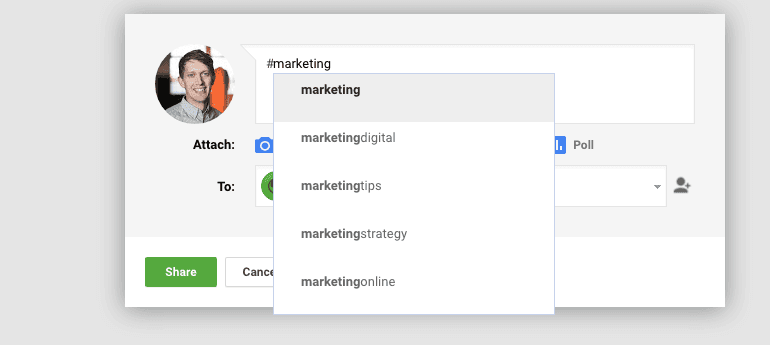 Google Plus displays relevant hashtags in posts