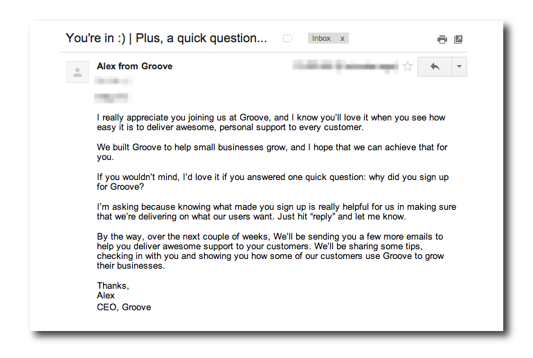 Example of a welcome email from Groove