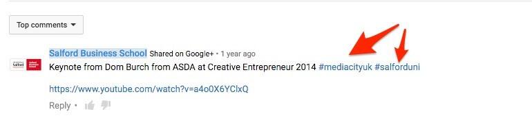 Example of hashtags in a YouTube comment