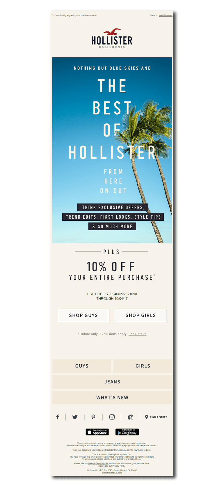 Example of a welcome email from Hollister