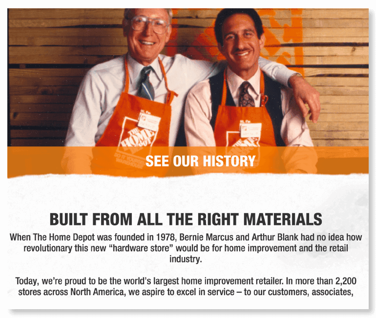 Home Depot about us page regarding company goals and growth since 1978