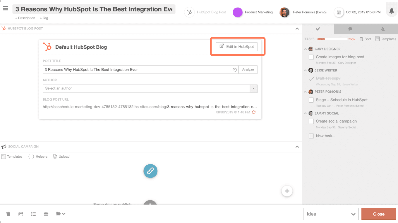 Example of the Hubspot and CoSchedule integration in action