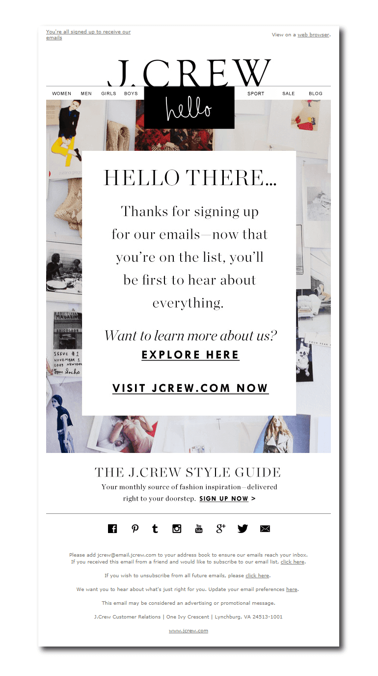 Example of a welcome email from J Crew