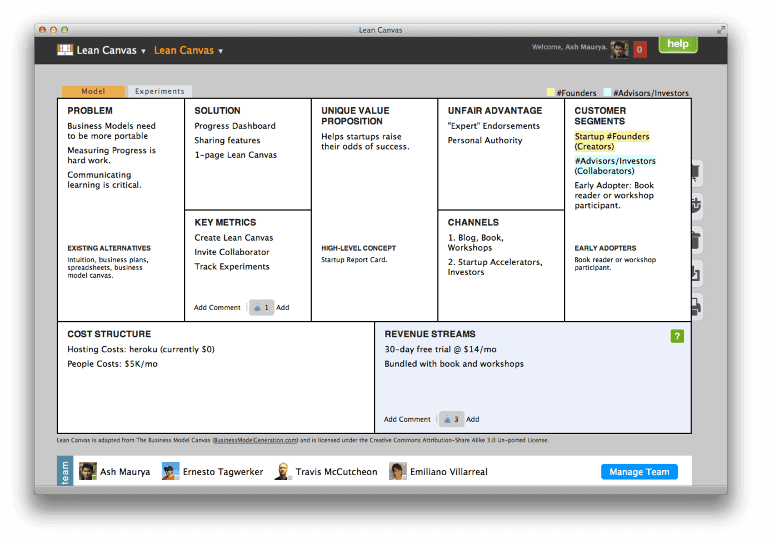 Example of a one-page business plan from Lean Canvas