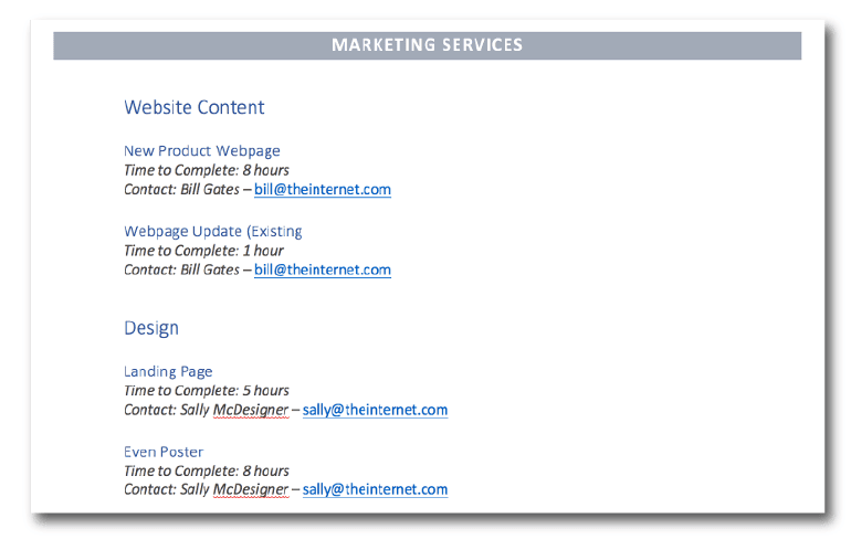 List of marketing services in the catalog template.