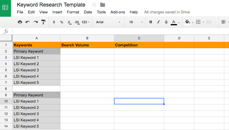 Screenshot of our free Keyword Template