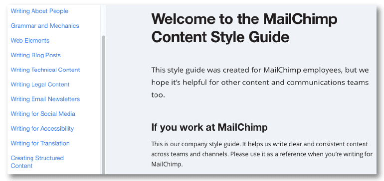 Screenshot fra MailChimp's content creator's style guide