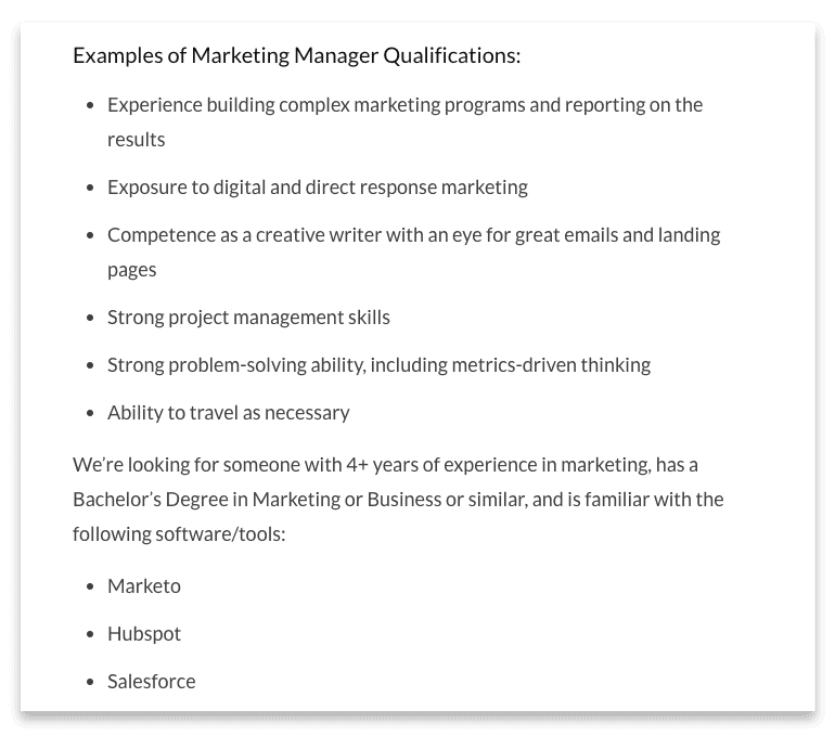 Common qualifications for a marketing manager