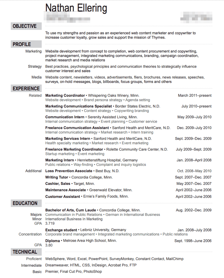 Resume sample for a marketing manager