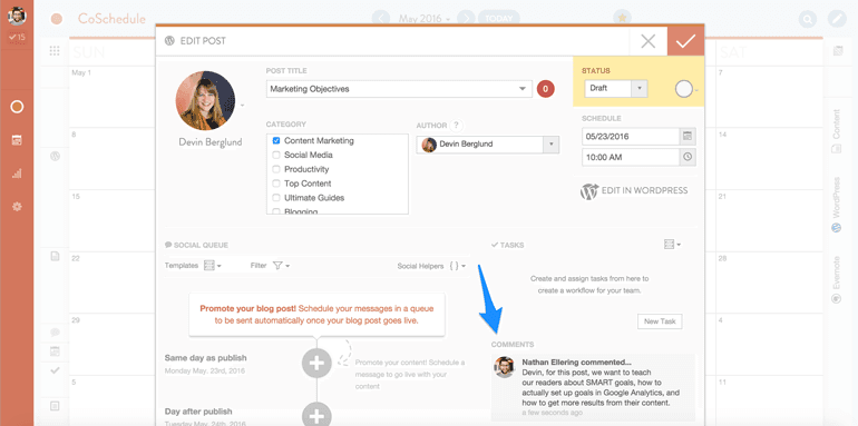 marketing team collaboration with comments in CoSchedule