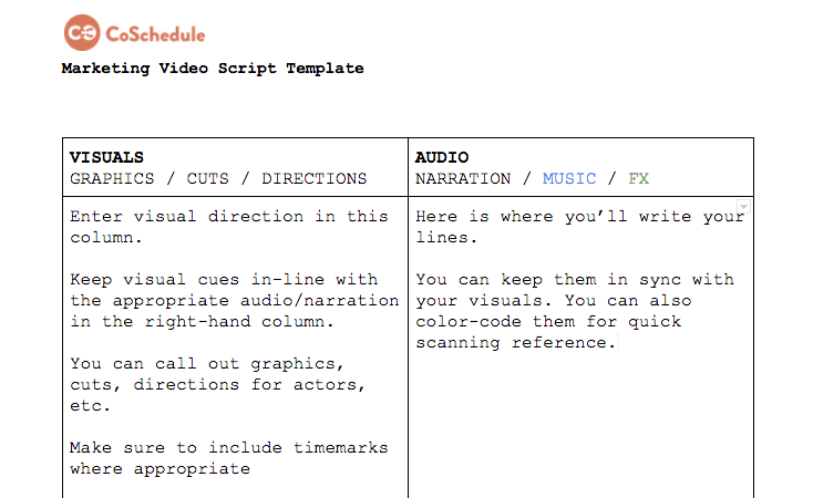 Snippet of the marketing video script template