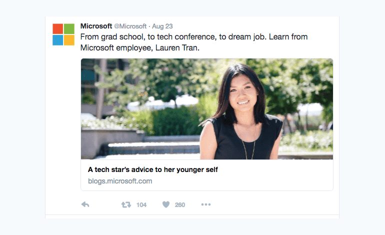 Example of an employee highlight tweet from Microsoft