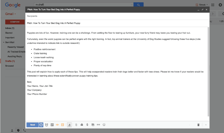 Screenshot of an example pitch email