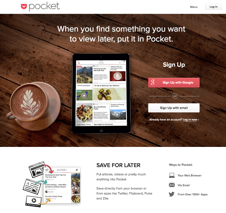 Pocket landing page example