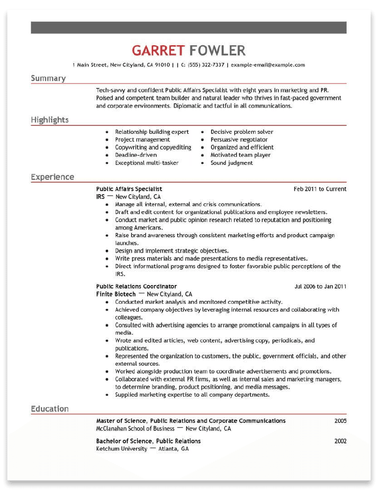 Sample resume for a public relations specialist