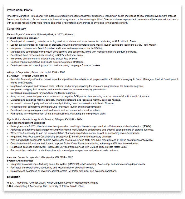 Sample resume for a product marketer