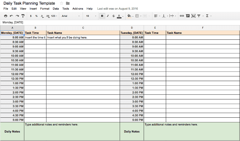 Productivity sheet screenshot