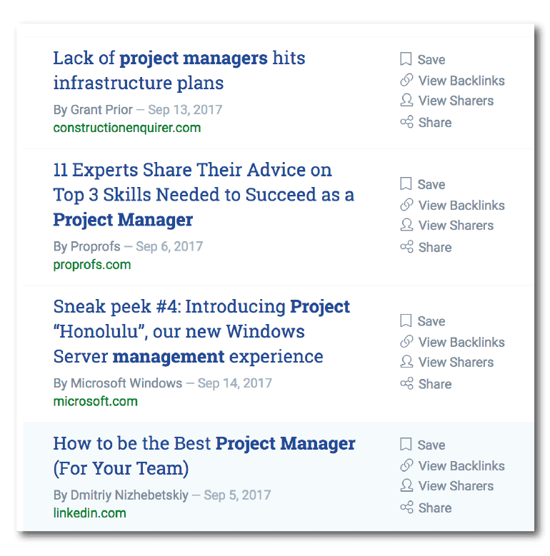Search result for "project management" on Buzzsumo.
