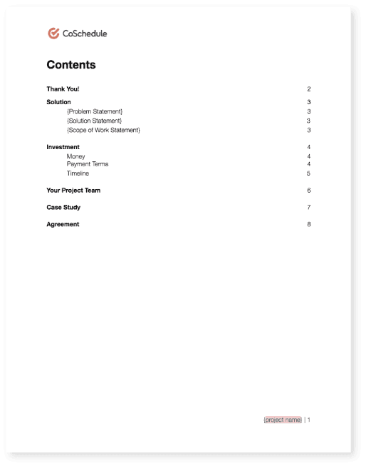 Table of Contents section of a marketing proposal
