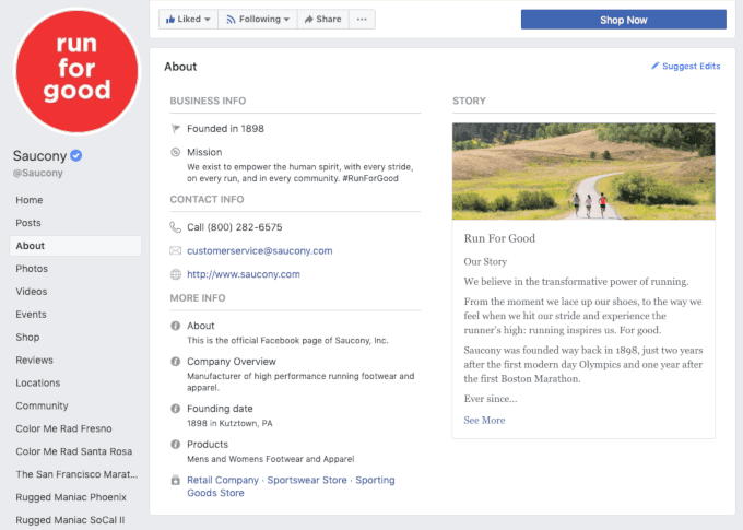 Example Facebook Page "About" Section from Saucony