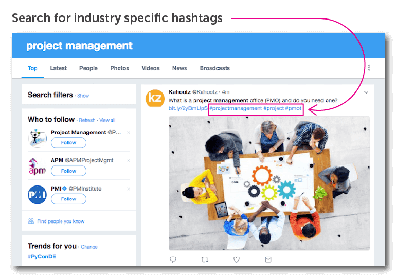 Search for relevant industry-related hashtags.