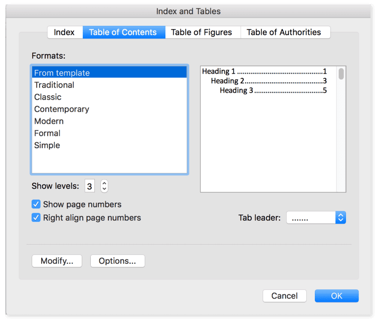 Continued step-by-step of how to create a table of contents in Word