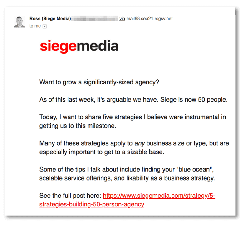 Sample email from Siege Media