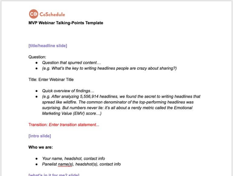 Webinar Talking Points Template