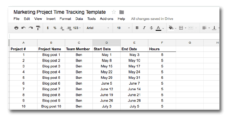 Marketing time tracking template screenshot