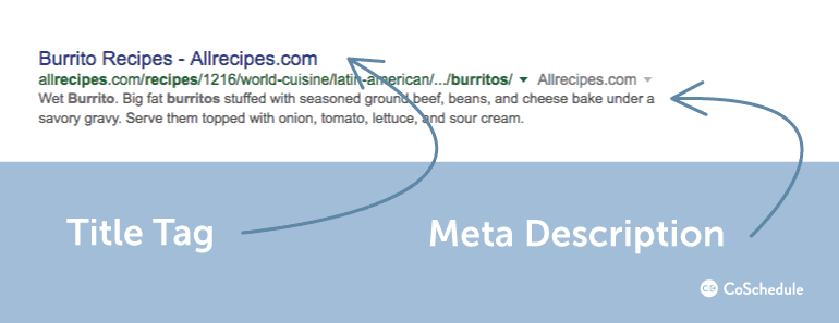 Example of title tag and meta description
