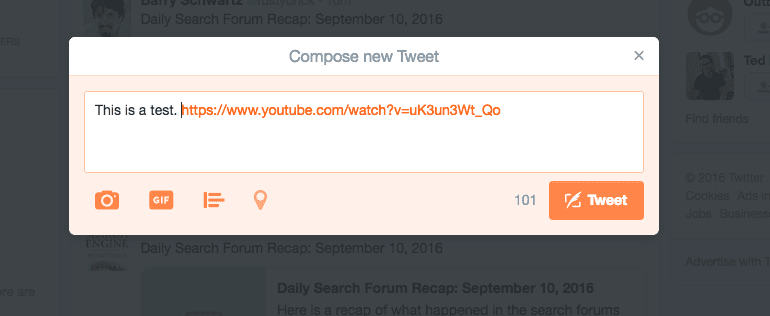 Tweet window with a YouTube URL