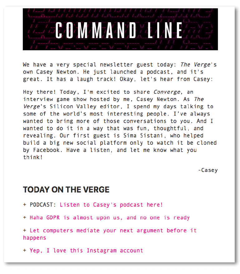 Plain text email sample from the Verge