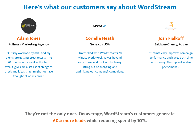 Example of stats and testimonials on a landing page